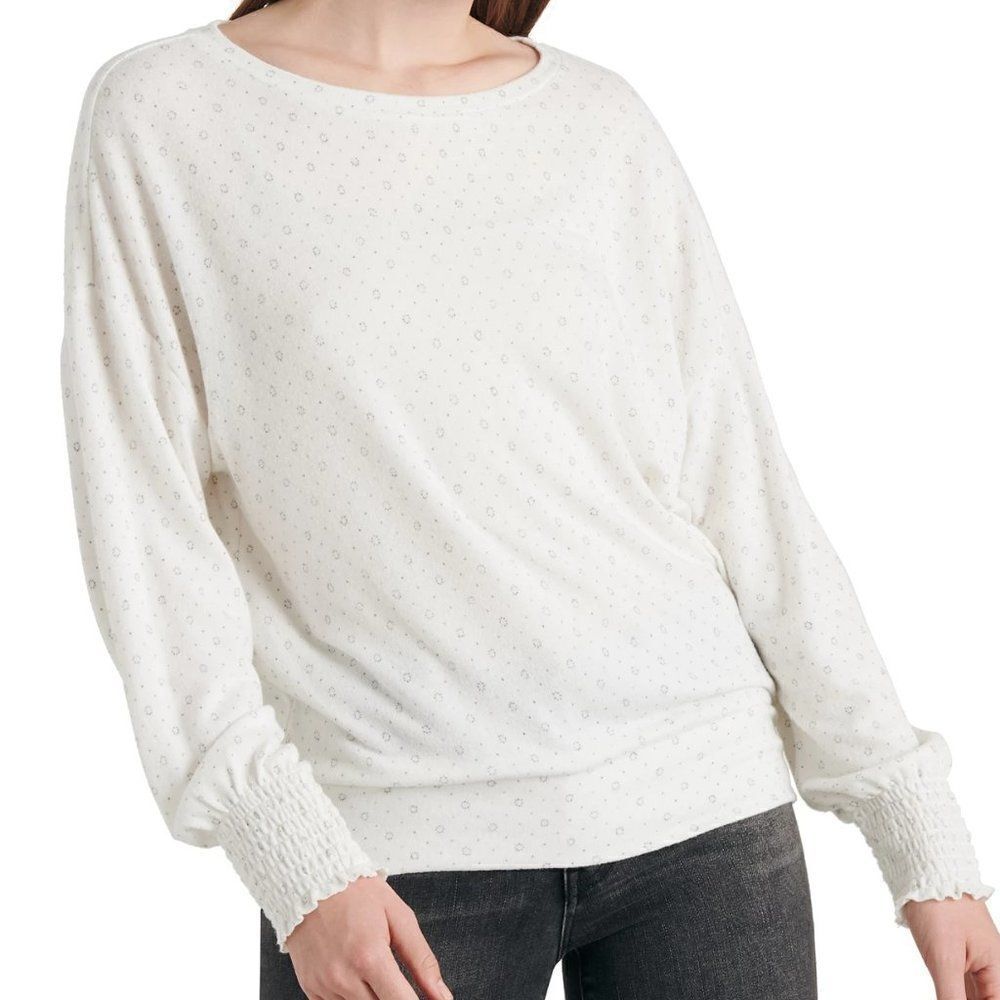 Lucky Brand Printed Smocked-Sleeve Top size Small in Ivory - NEW